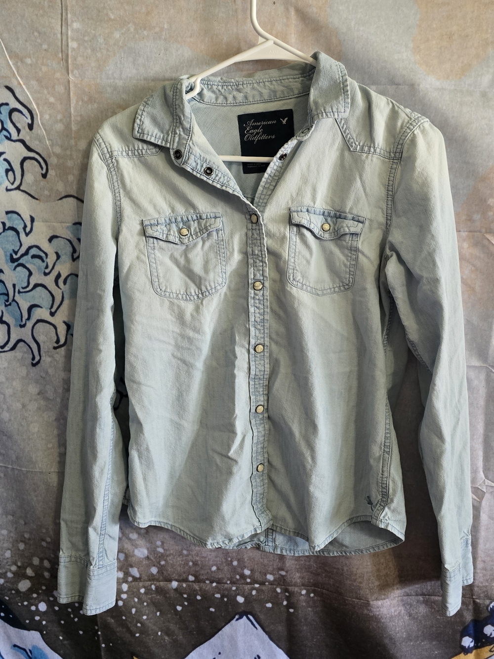 American Eagle Light Wash Denim Button-Up Shirt